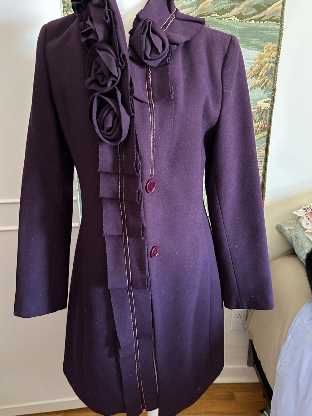 Rinascimento Deep Purple Ruffle-Trim wool Coat